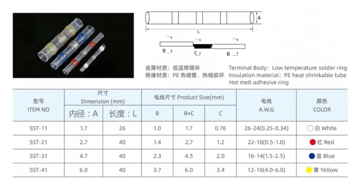 100 pcs Heat shrinkable butt Connectors splice solder seal wire connectors Millet