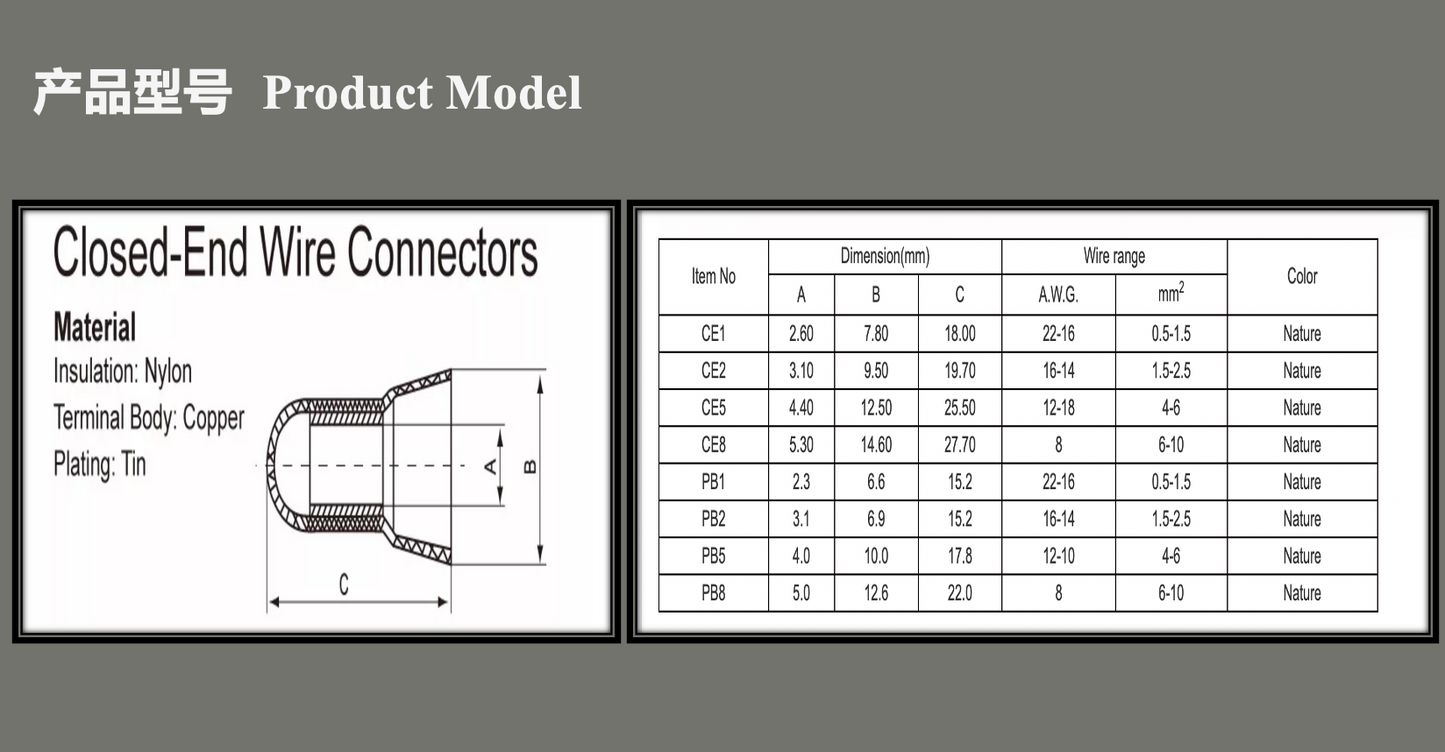 1000pcs Closed End Wire Crimp Connector CE1X CE2X CE5X Closed Crimping Cable Nylon Splice Terminal Crimp Connectors Closed End terminal Millet