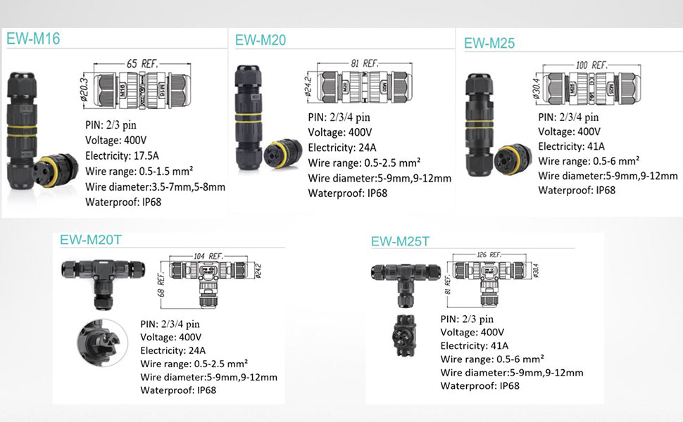 Cable connector, EWM20T/EWM25T Junction Box Outdoor Waterproof IP68 Electrical Cable Connector 2 pin/3 pin,Suitable for Repair and Extend Power Cables