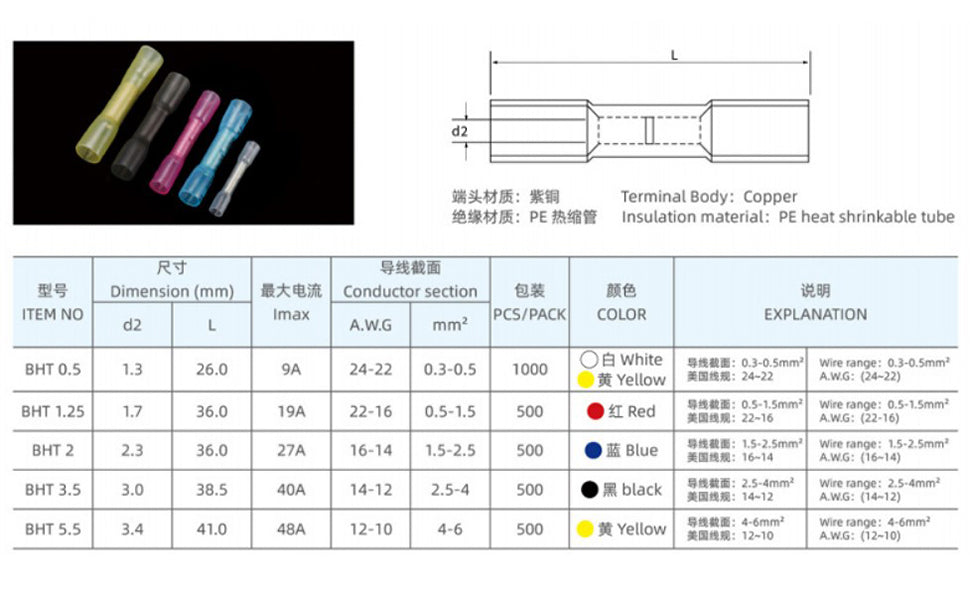 Heat Shrink Terminals ,100pcs BHT0.5 Waterproof Electrical Crimp Butt Connectors, Easy One Docking Design for Car Boat Home Wiring Projects