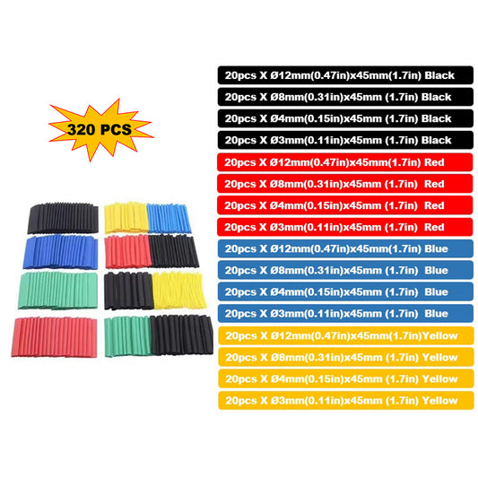 320 pcs 2:1 Heat Shrink Tubing Kit 4 Colors 16 Sizes Assorted Sleeving Tube Wrap Cable Wire Kit for DIY Phone data cable repair Household cable repair